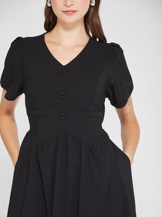 Black Puff Sleeve Buttoned Midi Dress