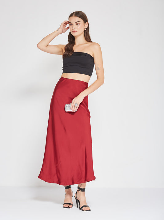 Red Solid Satin Maxi Skirt