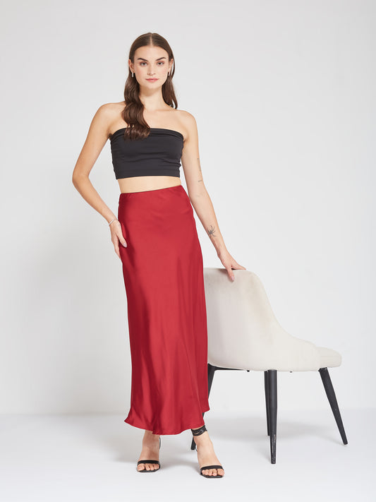 Red Solid Satin Maxi Skirt