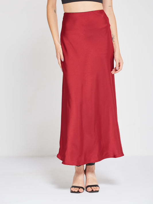 Red Solid Satin Maxi Skirt