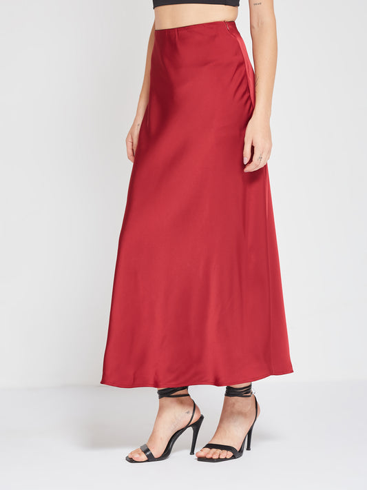 Red Solid Satin Maxi Skirt