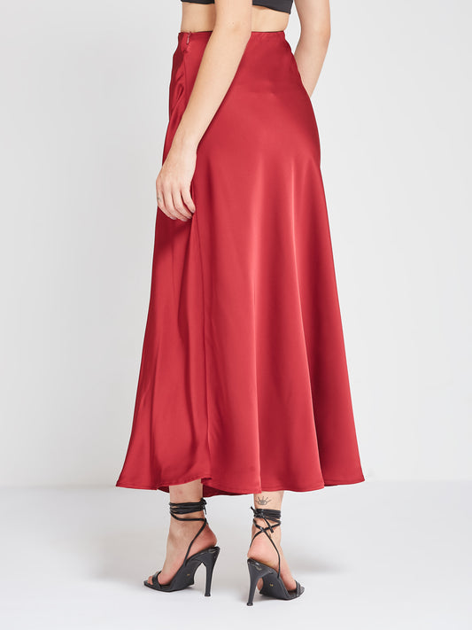 Red Solid Satin Maxi Skirt