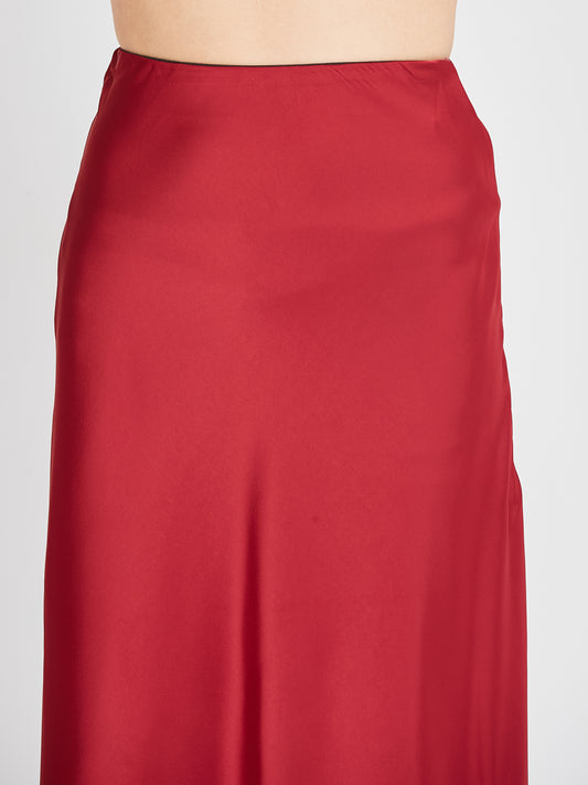 Red Solid Satin Maxi Skirt