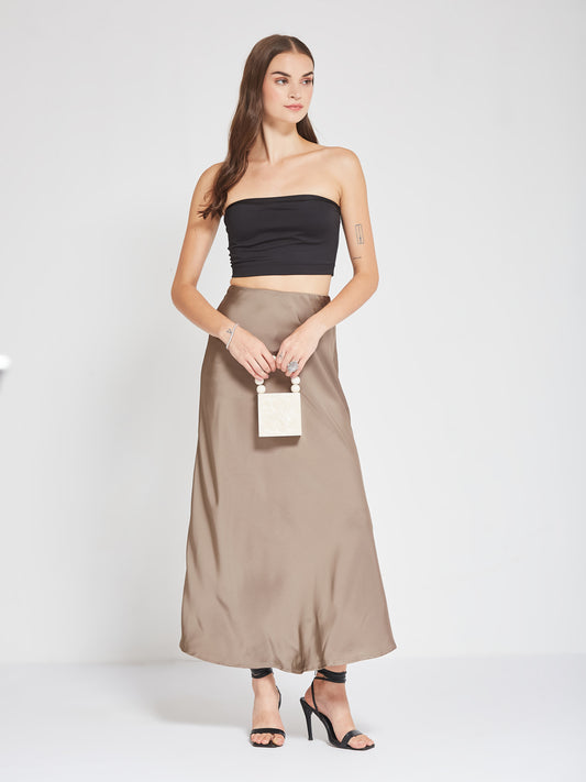 Grey Solid Satin Maxi Skirt