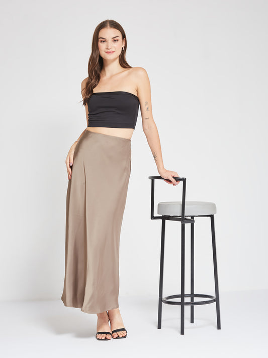 Grey Solid Satin Maxi Skirt