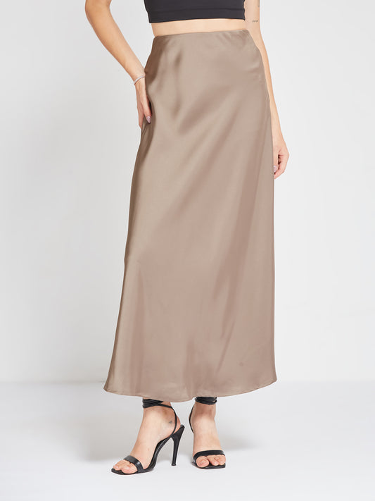 Grey Solid Satin Maxi Skirt