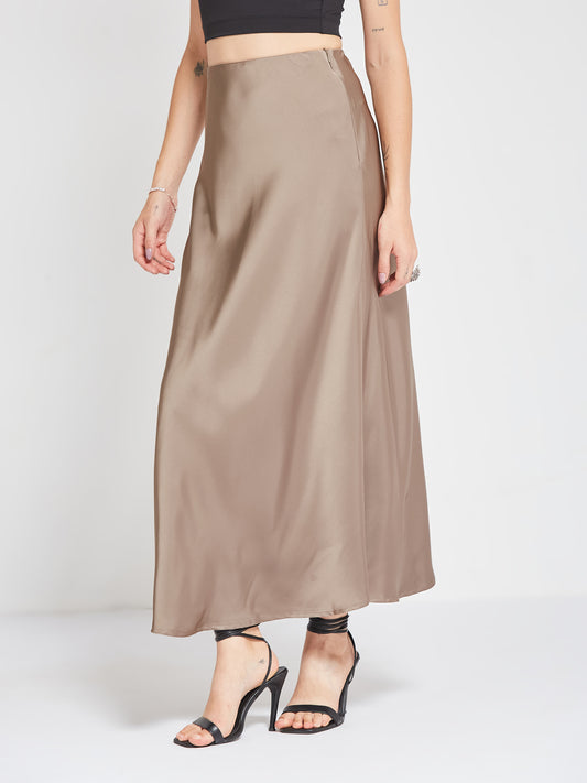 Grey Solid Satin Maxi Skirt
