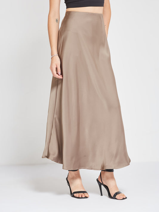 Grey Solid Satin Maxi Skirt