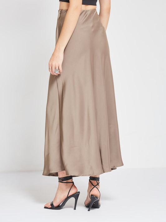 Grey Solid Satin Maxi Skirt