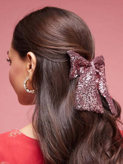 Glitter Sequin Hair Bow Clip in Rose Pink