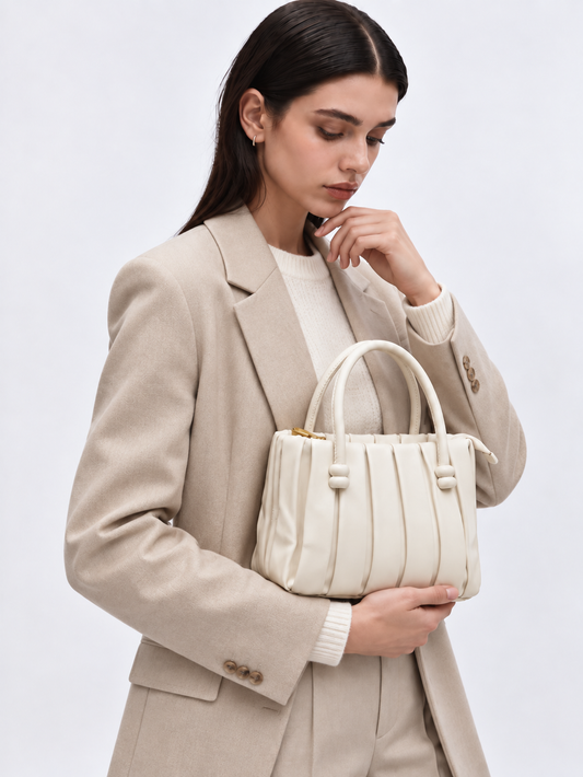 Ivory Pleated Mini Tote with Detachable Sling