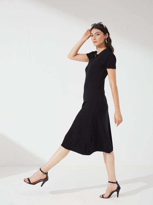 Black Polo Knit Fit & Flare Dress