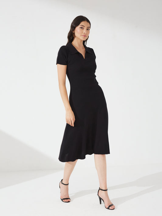 Black Polo Knit Fit & Flare Dress