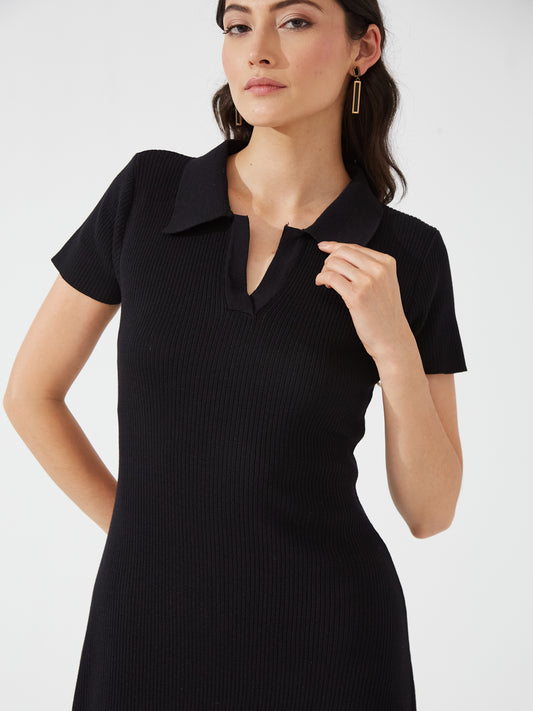 Black Polo Knit Fit & Flare Dress