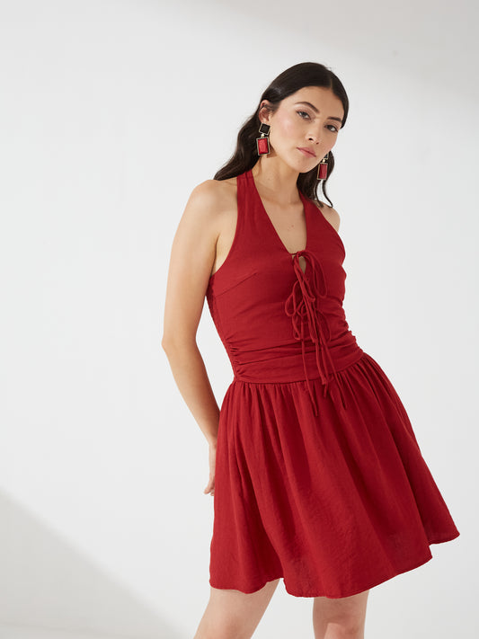 Cherry Red Halter Fit & Flare Dress