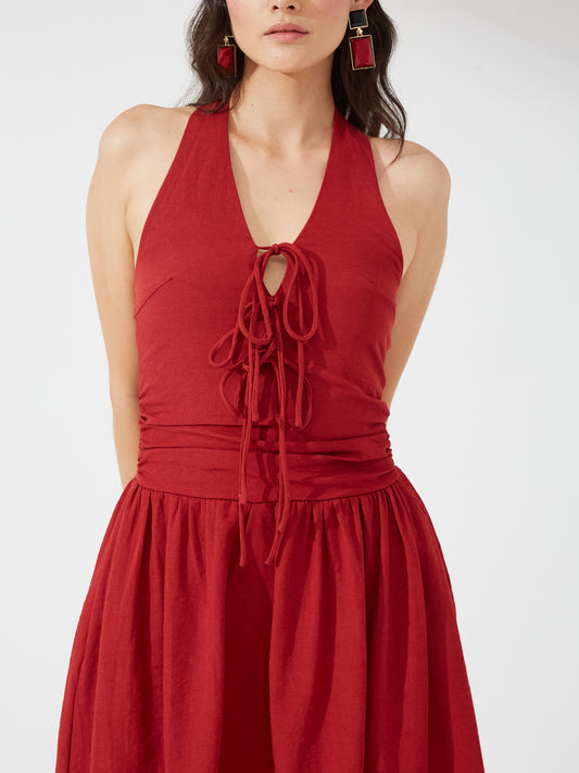 Cherry Red Halter Fit & Flare Dress