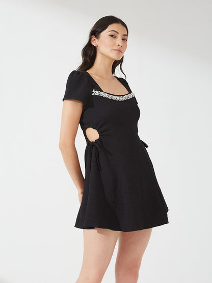 Embellished Cut-Out Black Mini Dress