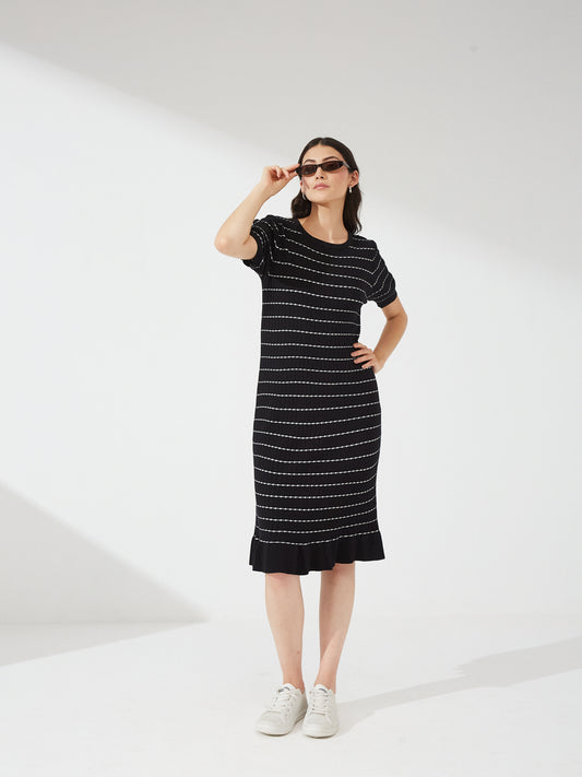Black Striped Knit Midi Dress