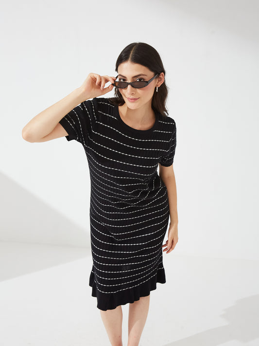 Black Striped Knit Midi Dress