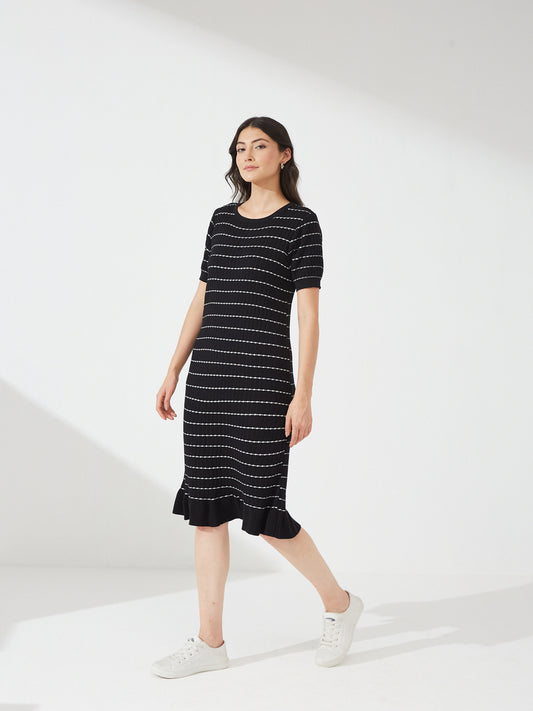 Black Striped Knit Midi Dress