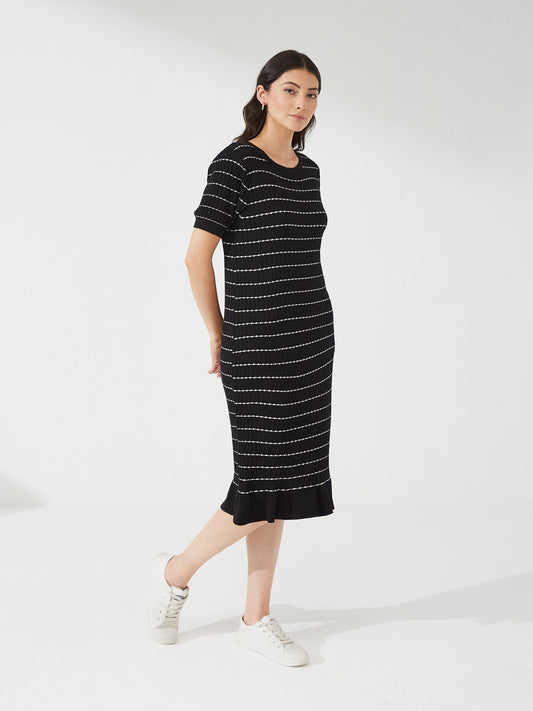 Black Striped Knit Midi Dress