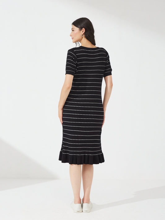 Black Striped Knit Midi Dress