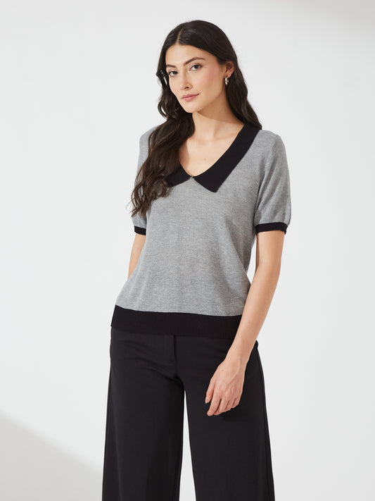 Grey Contrast Collar Knit Top