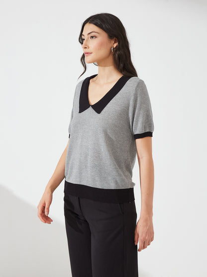 Grey Contrast Collar Knit Top