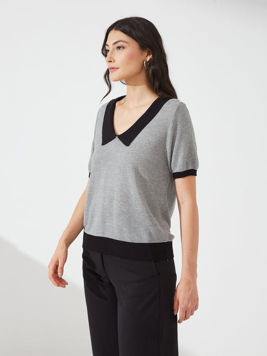 Grey Contrast Collar Knit Top