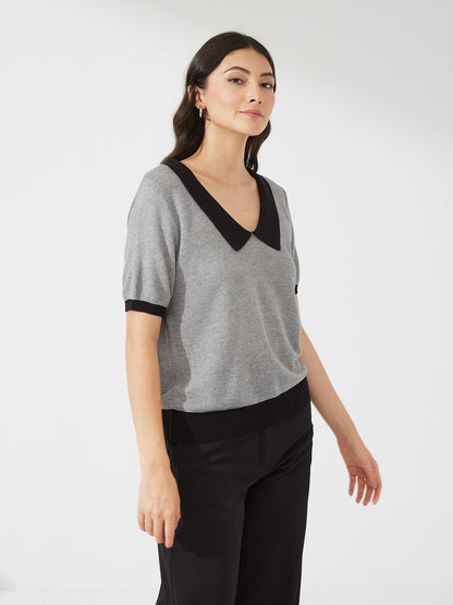 Grey Contrast Collar Knit Top