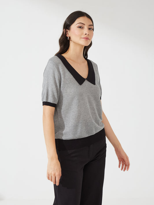 Grey Contrast Collar Knit Top