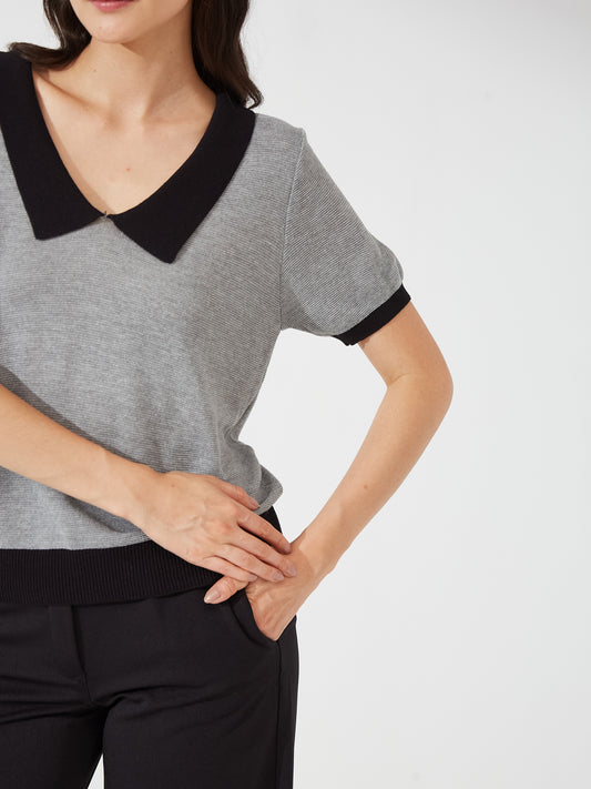 Grey Contrast Collar Knit Top