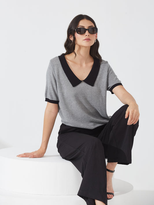 Grey Contrast Collar Knit Top