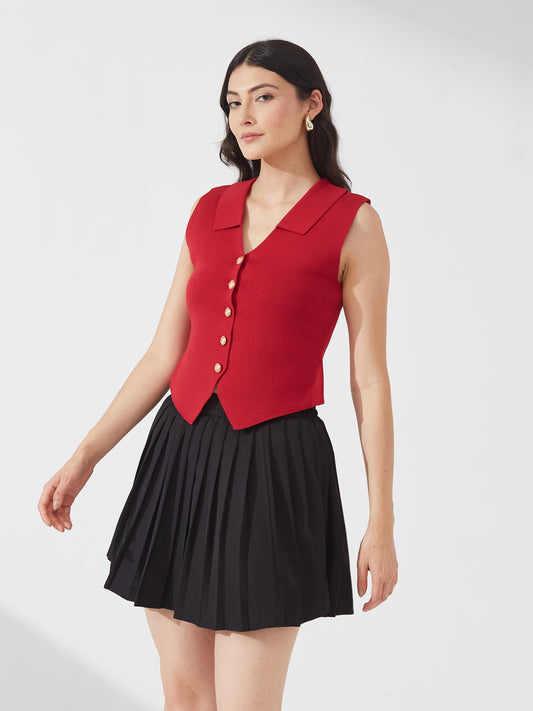 Red Button Front Vest Top