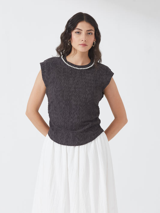 Charcoal Pearl Trimmed Cap Sleeve Top