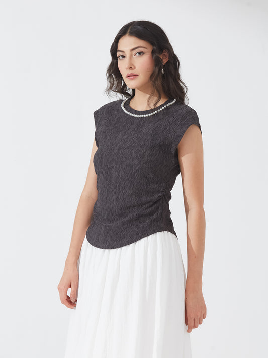 Charcoal Pearl Trimmed Cap Sleeve Top