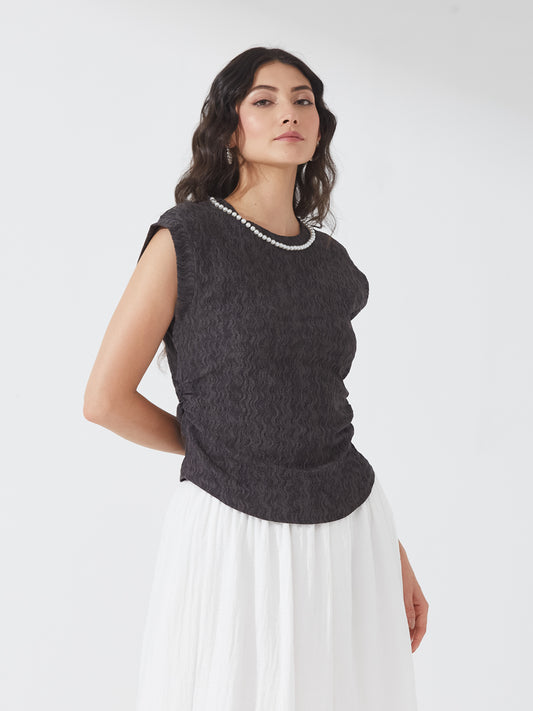 Charcoal Pearl Trimmed Cap Sleeve Top