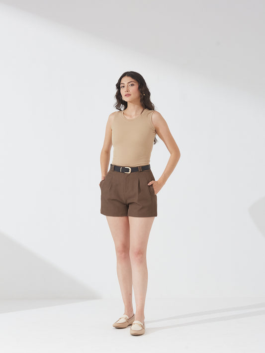 High-Waisted Brown Tailored Shorts with Belt