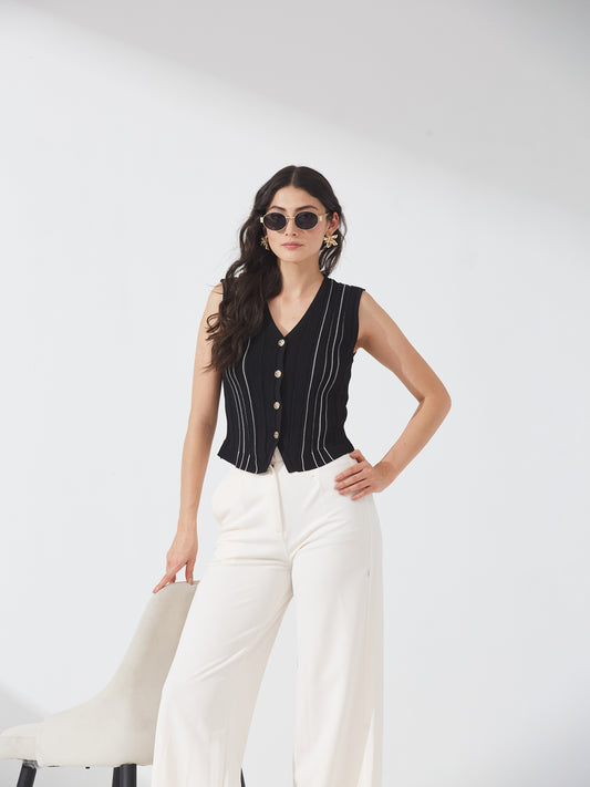 Black Ribbed Button Tank Top