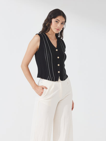 Black Ribbed Button Tank Top