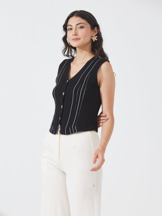 Black Ribbed Button Tank Top