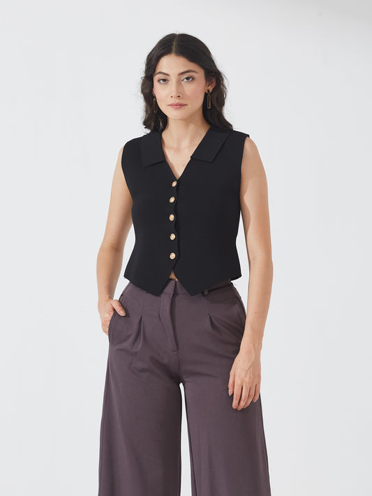Black Buttoned Sleeveless Knit Vest