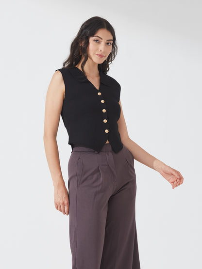 Black Buttoned Sleeveless Knit Vest