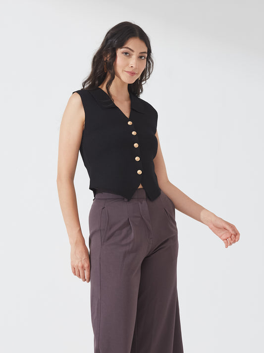 Black Buttoned Sleeveless Knit Vest