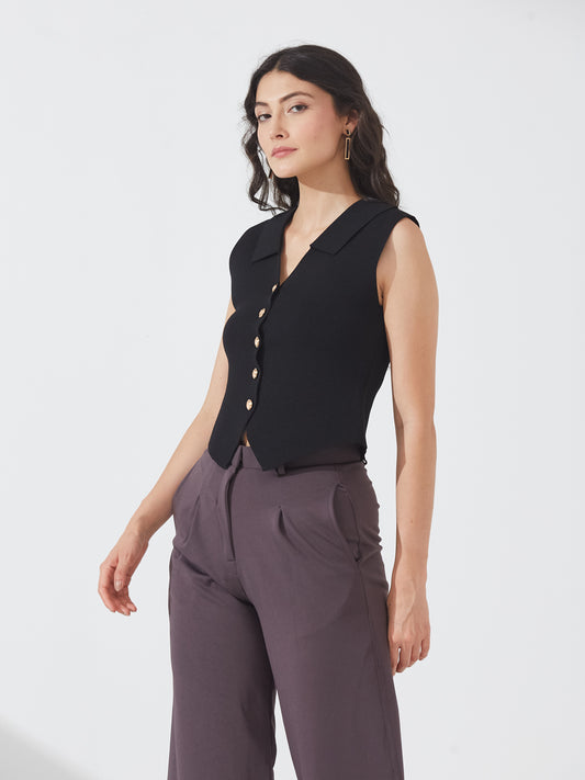 Black Buttoned Sleeveless Knit Vest