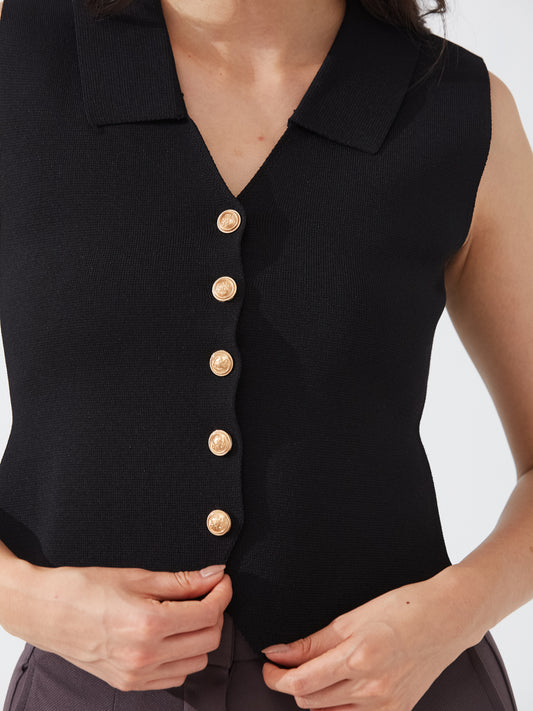 Black Buttoned Sleeveless Knit Vest