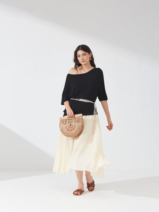 Off-Shoulder Drape Black Knit Top with belt