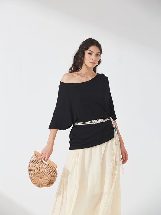 Off-Shoulder Drape Black Knit Top with belt
