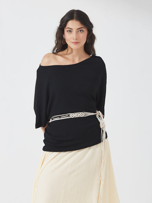 Off-Shoulder Drape Black Knit Top with belt