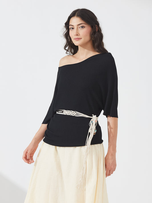 Off-Shoulder Drape Black Knit Top with belt